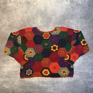 VTG Winona Knit Crochet Patchwork Hexagon Sweater Multicolor Cotton Ramie L Boho